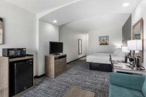 Habitación de hotel con cama y escritorio con TV. en Best Western Plus MidAmerica Hotel en Mascoutah