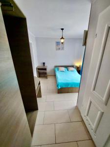 Blick auf ein Schlafzimmer mit einem Bett und einem Spiegel in der Unterkunft Villa Baltic Karwia in Karwia