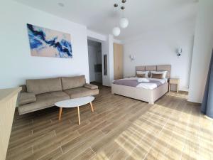 ママイア・ノルドにあるMIANELLY Apartments Mamaia Nordのリビングルーム(ソファ、ベッド付)