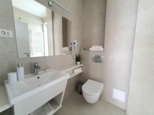 北瑪麥亞–納沃達里的住宿－MIANELLY Apartments Mamaia Nord，一间带水槽、卫生间和镜子的浴室
