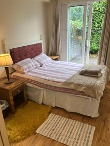 1 dormitorio con 1 cama con ventana y lámpara en 27 Cill Ard Bohermore galway en Galway