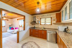 cocina con techos de madera y sala de estar con sofá en Sapancaminihouse en Sapanca