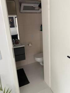 a small bathroom with a toilet and a sink at Stilvolle 1-Zimmer Wohnung mit Terasse nahe Therme und Prezero Arena in Sinsheim