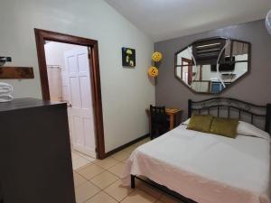 a bedroom with a bed and a mirror on the wall at Hotel Valle Verde in San Joaquín +3 photos