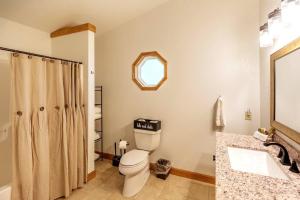 a bathroom with a toilet and a sink and a mirror at *New Owner Special* Cozy Cabin with mountain views in Robbinsville
