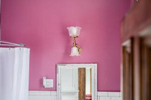 baño con paredes de color púrpura, espejo y luz en Peaceful Easy Feelings - King Sized Bed - Sleeps 2, en Lynchburg