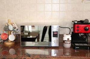 a microwave sitting on a counter in a kitchen at Fiosal Apartments 1 in Skiathos Town +27 photos