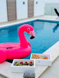 a pink swan toy next to a swimming pool at Seascape Villa in Fujairah