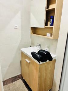 a bathroom with a sink and a counter with black towels at Tiny house 4 min drive to Cdg airport in Roissy-en-France