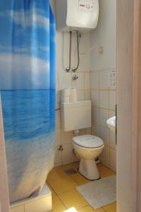 La salle de bains est pourvue de toilettes et offre une vue sur l'océan. dans l'établissement Seaside holiday house Prizba, Korcula - 21583, à Blato
