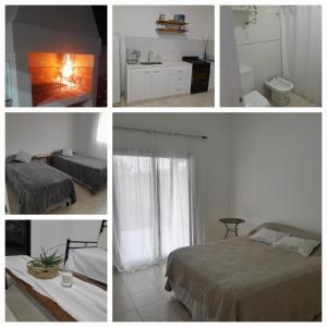four images of a bedroom with a bed and a fireplace at La Ruperta in Mercedes