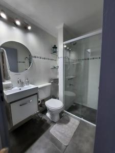 a bathroom with a sink and a toilet and a shower at Las Arecas 2° B - Perito Moreno in Puerto Iguazú