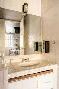La salle de bains blanche est pourvue d'un lavabo et d'un miroir. dans l'établissement Del Lago Lofts, à Mexico