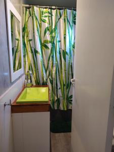 a bathroom with a green sink and a bamboo shower curtain at Luz de Faro, frente a las playas mas lindas! in Mar del Plata +24 photos