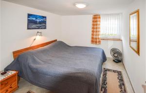 um quarto com uma cama, uma ventoinha e uma janela em Zweizeh em Insel Poel