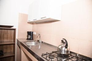 La cocina está equipada con fregadero y fogones con hervidor de agua. en Apartamento Familiar Puerta Azul, en Mompox