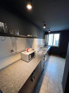 a kitchen with a counter with a microwave on it at Garden Point Luxury Apartments in San Miguel de Tucumán