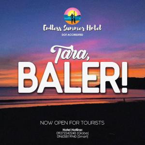 um cartaz para um resort de praia com as palavras taja em Endless Summer Hotel Baler em Baler