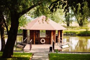 a log cabin on the water in a park at Relax villa in Pirnove