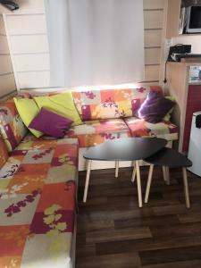 a living room with a couch and a table at Biscarrosse lac Mobil home tout confort in Biscarrosse