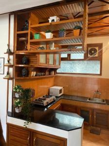 a kitchen with wooden cabinets and a stove top oven at Villa Bliss Nest in Nainital