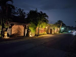 an empty street at night with houses with lights at Astuti Gallery Homestay in Yogyakarta