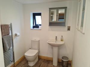 a white bathroom with a toilet and a sink at The Studio in Farmborough