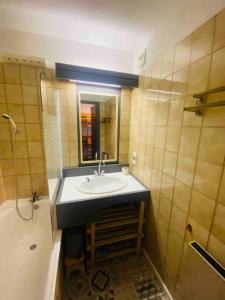 a bathroom with a sink and a mirror and a shower at Les Orres 1650: Centre Station avec garage in Les Orres