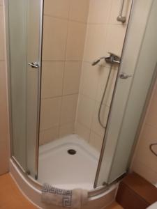 a shower with a glass door in a bathroom at Strażnica Komtura in Mikołajki
