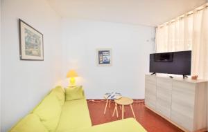 een woonkamer met een gele bank en een televisie bij Nice Home In Torreilles With Kitchen in Torreilles