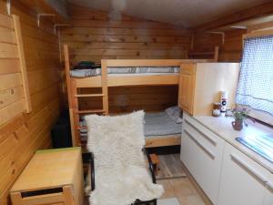 a cabin with two bunk beds and a desk at Sunny Holiday House B&B in Ljubno