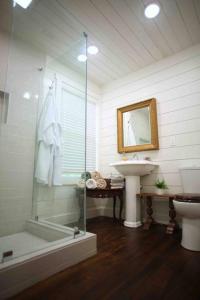 La salle de bains est pourvue d'une douche, d'un lavabo et de toilettes. dans l'établissement NEW Hilltop Cabin 35 min South of Nashville, à Columbia