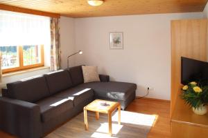 sala de estar con sofá y TV en Haus Obere Allmein en Sankt Gallenkirch