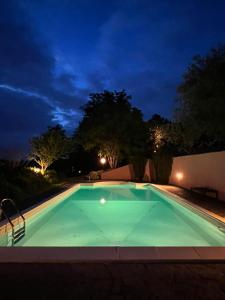 una piscina vuota di notte di La casa nel bosco a Lari