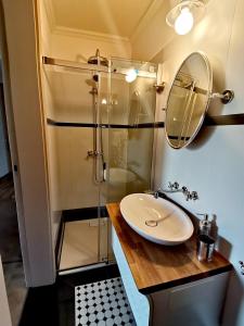 a bathroom with a sink and a shower at Hotel Bellevue in Charzykowy