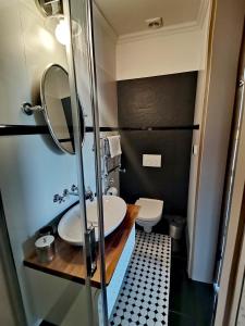 mała łazienka z umywalką i toaletą w obiekcie Hotel Bellevue w Charzykowach