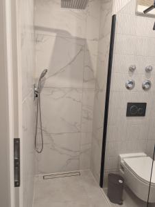 una doccia con porta in vetro in bagno di MH Apartment a Königsbrunn