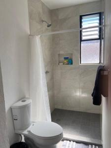 a white bathroom with a toilet and a shower at Casa Violetas in Oaxaca City