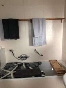 a bathroom with a sink and towels on the wall at Ferienwohnung Eifel-Roedis in Blankenheim