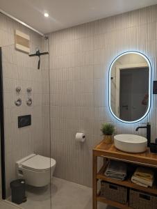 a bathroom with a toilet and a sink and a mirror at MH Apartment in Königsbrunn