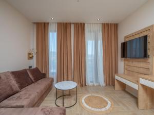 a living room with a couch and a tv at Hotel Diman in Dobra Voda