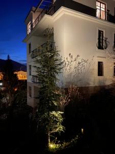 a white building with a christmas tree in front of it at Vila Maister in Celje