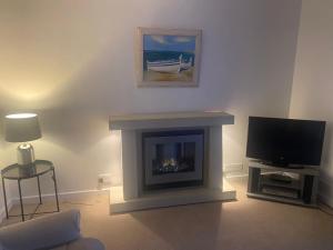 a living room with a fireplace and a television at Primrose Steps in Goodrington