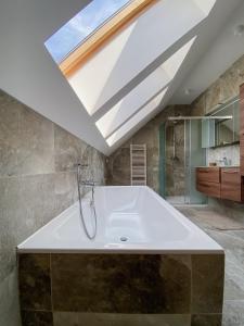 ein Badezimmer mit einer großen Badewanne und einem Dachfenster in der Unterkunft Vila Maister in Celje