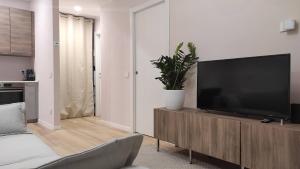 un soggiorno con TV a schermo piatto su un centro di intrattenimento in legno di Casa Vacanze Como a Como