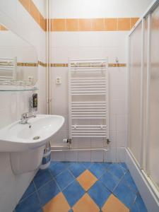 a bathroom with a white sink and blue floor at Penzion a restaurace Lemberk in Jablonné v Podještědí