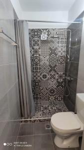 een badkamer met een toilet en een mozaïeken douchegordijn bij Iason studio 4 in Patitiri