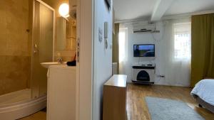 a bathroom with a sink and a tub and a television at Voždovac Vitanovacka in Belgrade