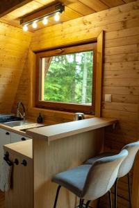 a kitchen with a sink and a window in a cabin at Chalet Kosorky in Čadca