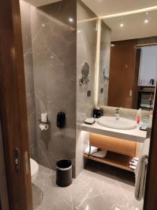 a bathroom with a sink and a toilet and a mirror at Le Meridien Hyderabad in Hyderabad